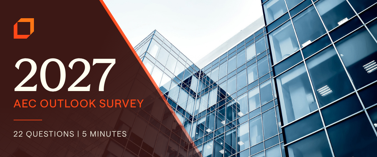 2027 AEC Outlook Survey for architecture, engineering, and construction firms featuring modern commercial architecture. 22 questions, 5 minutes.