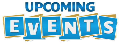 Upcoming events text written over blue background.