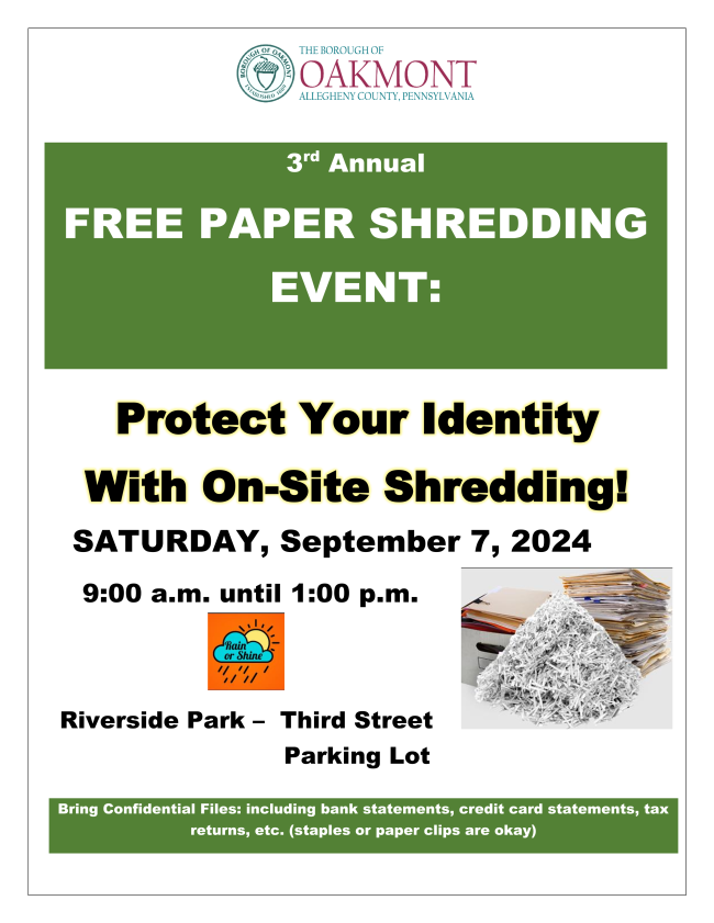Please join us at the 3rd Annual Paper Shredding Event. All documents are shredded onsite. 