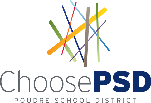 The words "Choose PSD: Poudre School District" are below a logo mark made up of several straight, colorful lines crossing over one another.