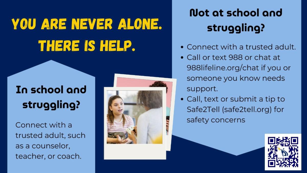A dark blue slide with two light blue arrow shapes and a headline in yellow: You are never along, there is help. One arrow says, In school and struggling? Connect with a trusted adult, such as a counselor, teacher, or coach. The other arrow says Not at school and struggling? Connect with a trusted adult, call or text 988 or chat at 988lifeline.org/chat if you or someone you know needs support, call text or submit a tip to Safe2Tell (safe2tell.org) for safety concerns. There's a QR code in a square at the bottom right corner. In the center, a stack of two polaroid photos, the bottom one is pink and the top show a student sitting across from a counselor.