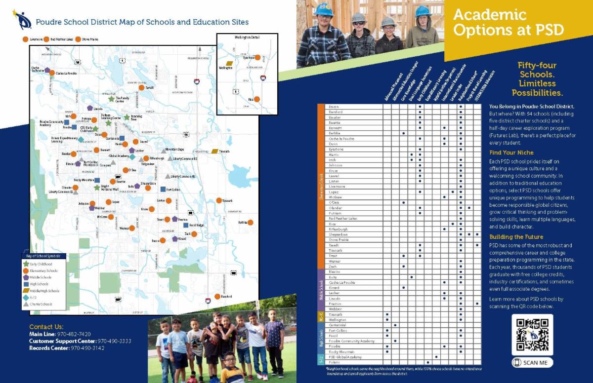 An image of the inside page of a brochure with a map of the school district on the left side and a chart on the right side listing schools all the way down and programs all the way across, with dots for schools that have certain programs.