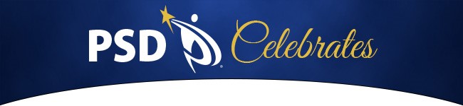 PSD Celebrates over a blue background with the PSD logo in the middle 