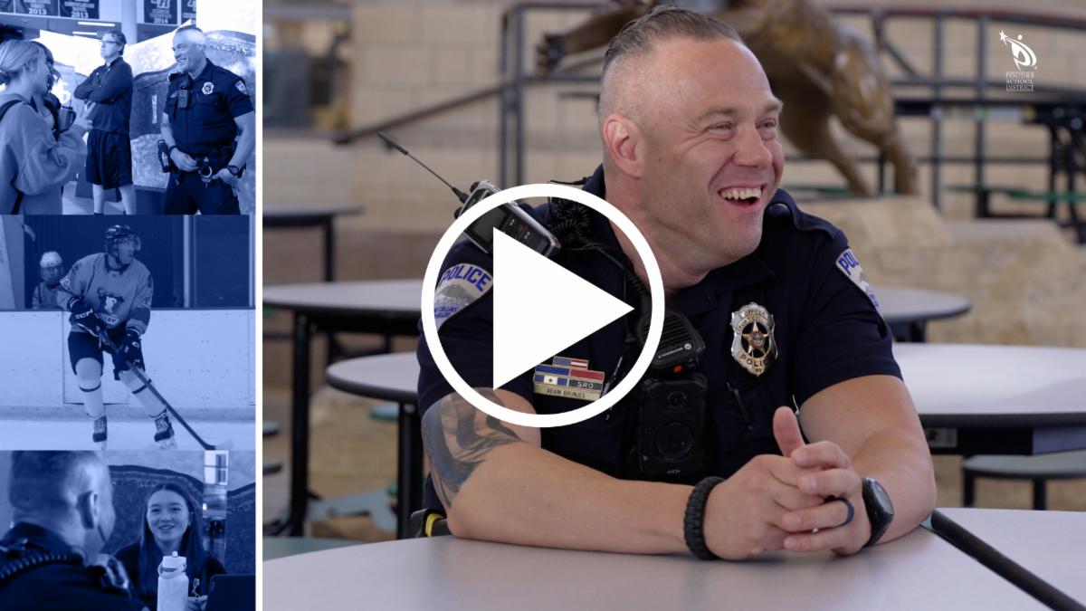 A play button is superimposed on a full-color image of a school resource officer seated at a lunch table and laughing. To the left of this image is a column of three stacked, blue-toned images of the SRO speaking with students and, in the middle image, playing ice hockey.