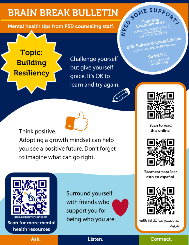 Image of a flier with the headline "Brain Break Bulletin." The flier contains three pieces of advice about resiliency, has a dark blue, light blue, and white background with orange accents, a circle containing information about support services numbers for mental health, and QR codes leading to digital versions of the flier and the PSD mental health web page.