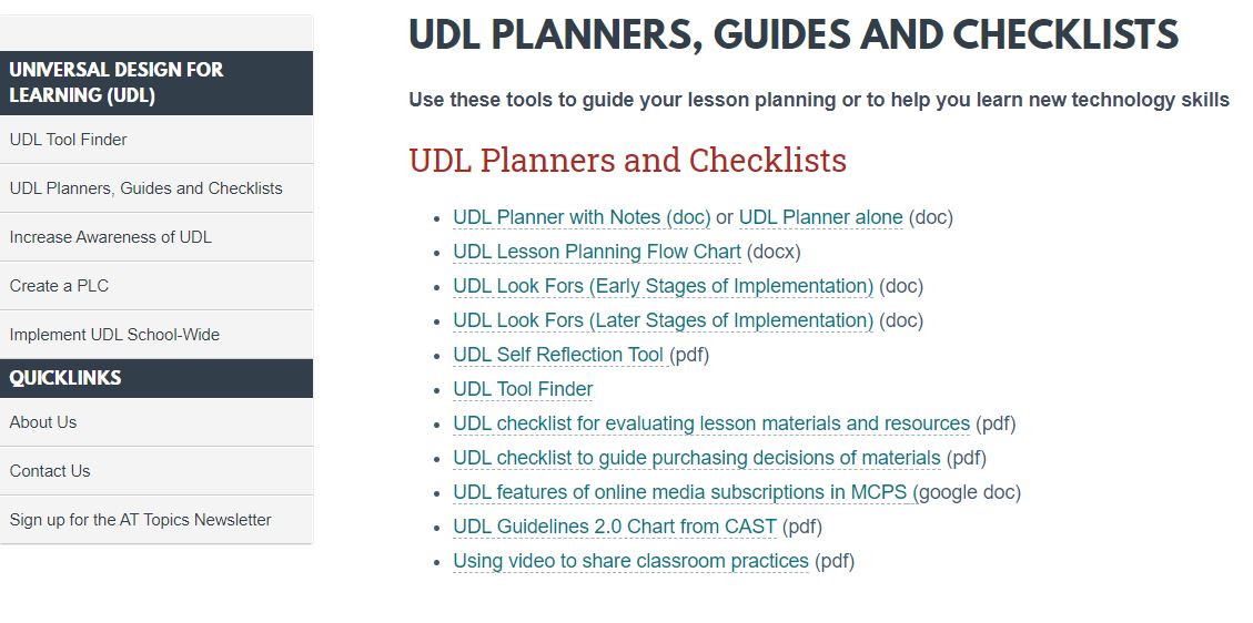 screenshot of the UDL Planners web page