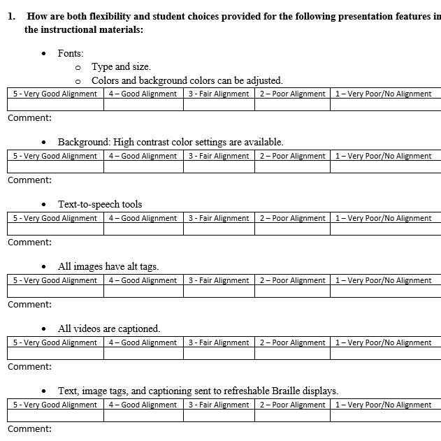 screenshot of a u d l rubric for reviewing instructional materials