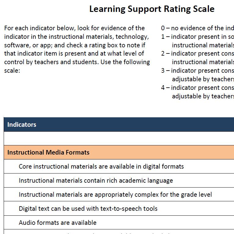 screenshot of a learning support rating scale