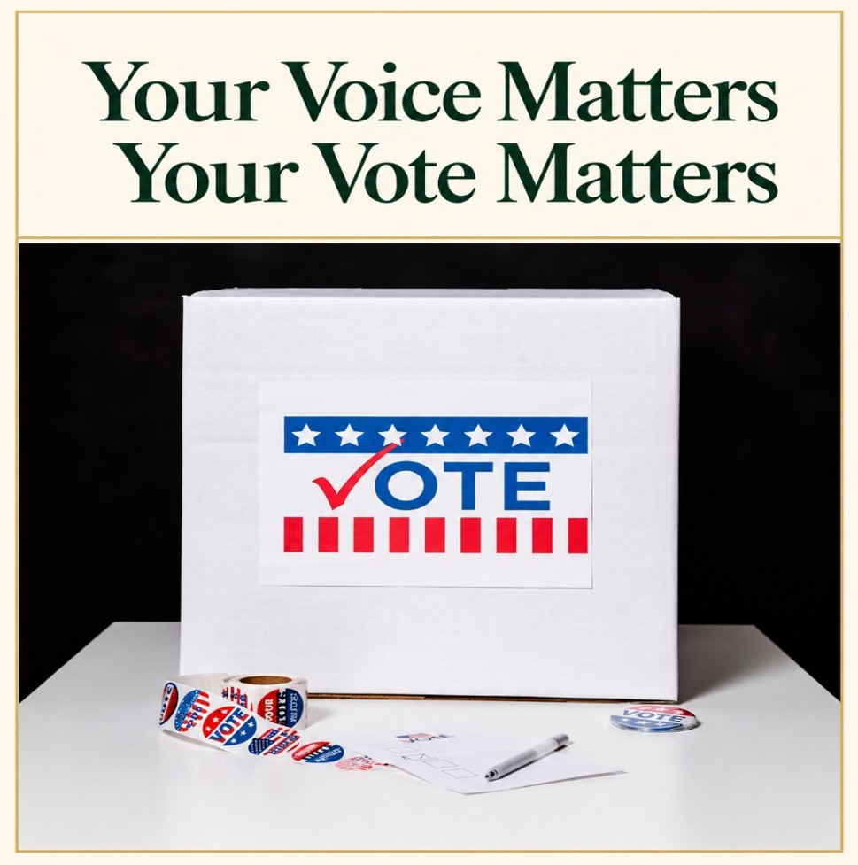 A photo of a Ballot Box on a table with a large sign saying vote on it, also on the table are a roll of red, white & blue stickers that say "Vote" as well as pen and a piece of paper that is perhaps a ballot. Above the photo text reads "Your Voice Matters, Your Vote Matters"