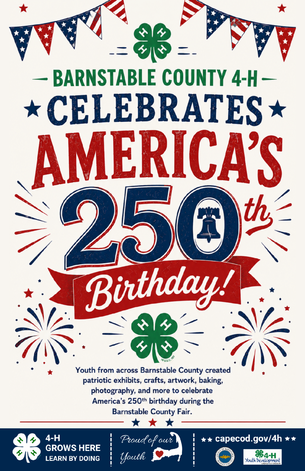 Patriotic poster promoting the Barnstable County 4-H Youth Exhibit Hall theme for the 2026 Barnstable County Fair. The graphic features red, white, and blue bunting, fireworks, 4-H clovers, and large text reading "Barnstable County 4-H Celebrates America's