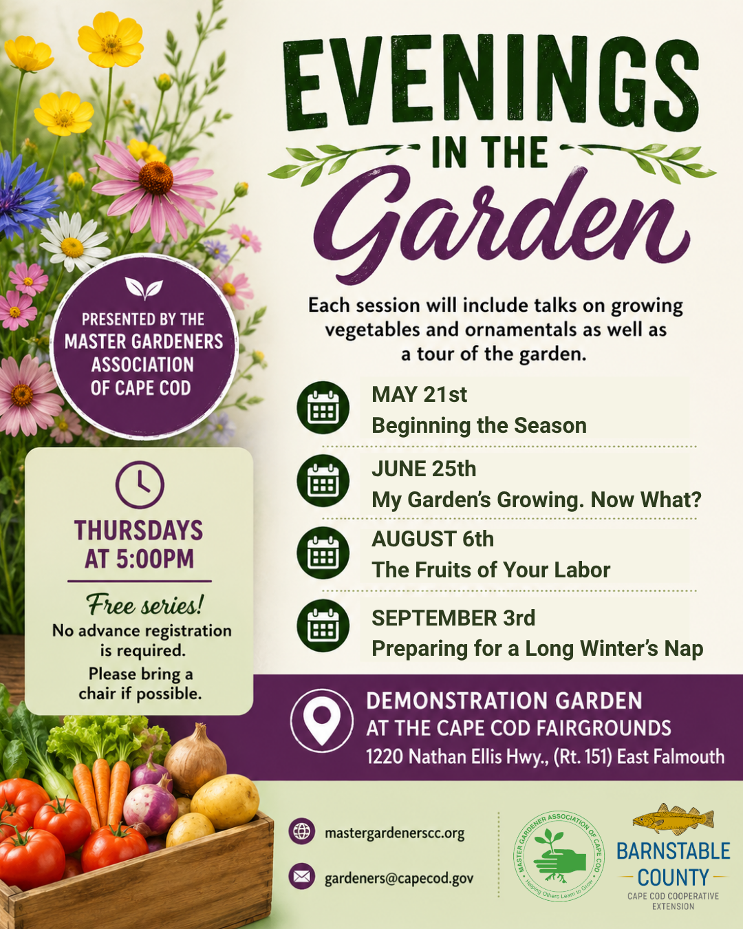 Flyer for the free "Evenings in the Garden" summer series hosted by the Master Gardener Association of Cape Cod, featuring gardening talks and garden tours at the Demonstration Garden at the Cape Cod Fairgrounds in East Falmouth.