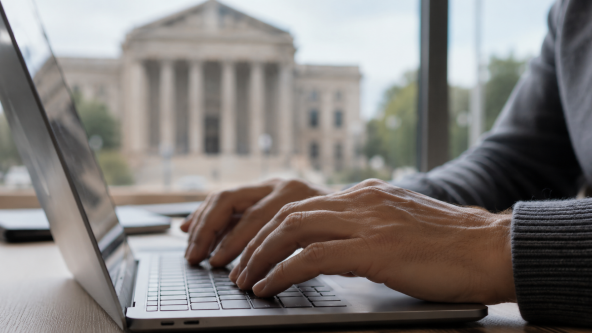Close-up of a person’s hands typing on a laptop keyboard near a window, with a blurred courthouse building visible in the background. Soft natural daylight and neutral tones create a realistic professional setting.