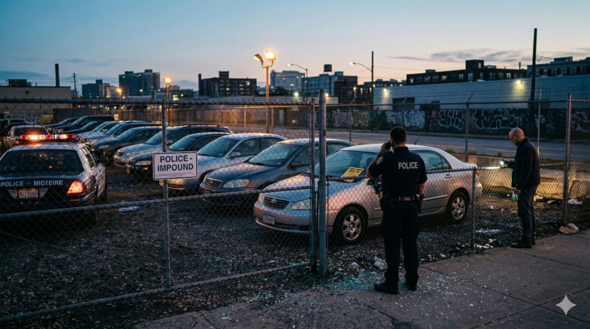A 16:9 perspective from behind a chain-link fence at a "Police Impound" lot during twilight. The scene shows a row of recovered vehicles, including a silver car with a broken window and a yellow "Stolen" notice on the windshield. Shattered glass litters the gravel ground in the foreground. A police officer with his back to the camera is on a radio call, while a plainclothes detective uses a flashlight to inspect the perimeter. A patrol car with its lights on is parked to the left, adding a sense of urgency to the industrial setting.