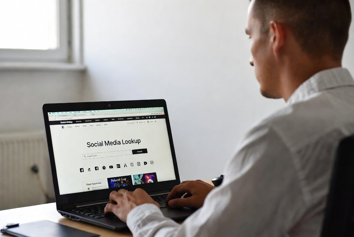 A man in a white shirt sitting at a desk in a bright office, viewed from behind and the side, using a laptop. The laptop screen clearly displays a website titled 'Social Media Lookup' with a search bar and social media platform icons. Natural light comes from a window in the background.
