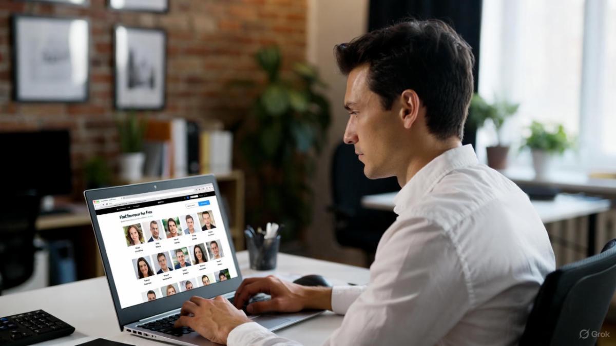 A man in a white shirt sits at a tidy office desk, focused on his laptop screen which displays a website titled “Find Someone For Free.” The page shows a grid of profile photos with names underneath, while bookshelves, plants, and soft natural light fill the background. Aspect ratio 16:9.