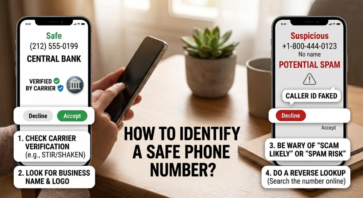 An educational graphic titled "HOW TO IDENTIFY A SAFE PHONE NUMBER?" placed on a wooden desk alongside two smartphone mockups illustrating safe versus suspicious calls.  Left Screen (Safe Call): Displays a green "Safe" label for "Central Bank" with carrier verification badges and options to decline or accept.  Right Screen (Suspicious Call): Displays a red "Suspicious" label for an unknown 1-800 number tagged as "POTENTIAL SPAM" and "CALLER ID FAKED."  Tips 1 & 2 (Left): "Check carrier verification (e.g., STIR/SHAKEN)" and "Look for business name & logo."  Tips 3 & 4 (Right): "Be wary of 'Scam Likely' or 'Spam Risk'" and "Do a reverse lookup (Search the number online)."