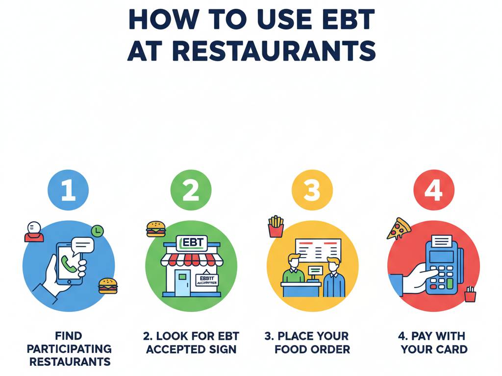 Four-step infographic guide showing how to use EBT at fast food restaurants: calling ahead, checking for signs, ordering, and paying with EBT card