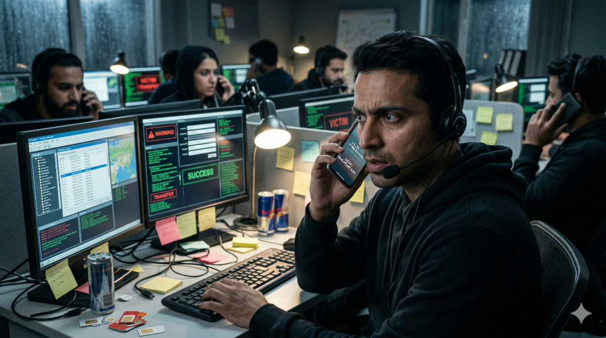 Gemini ha dicho A man in a dark hoodie and headset looks intensely while talking on a smartphone in a dimly lit call center cubicle. He is sitting at a desk cluttered with two monitors displaying technical screens, scattered SIM cards, sticky notes, and energy drink cans, with other operators visible in the blurred background.