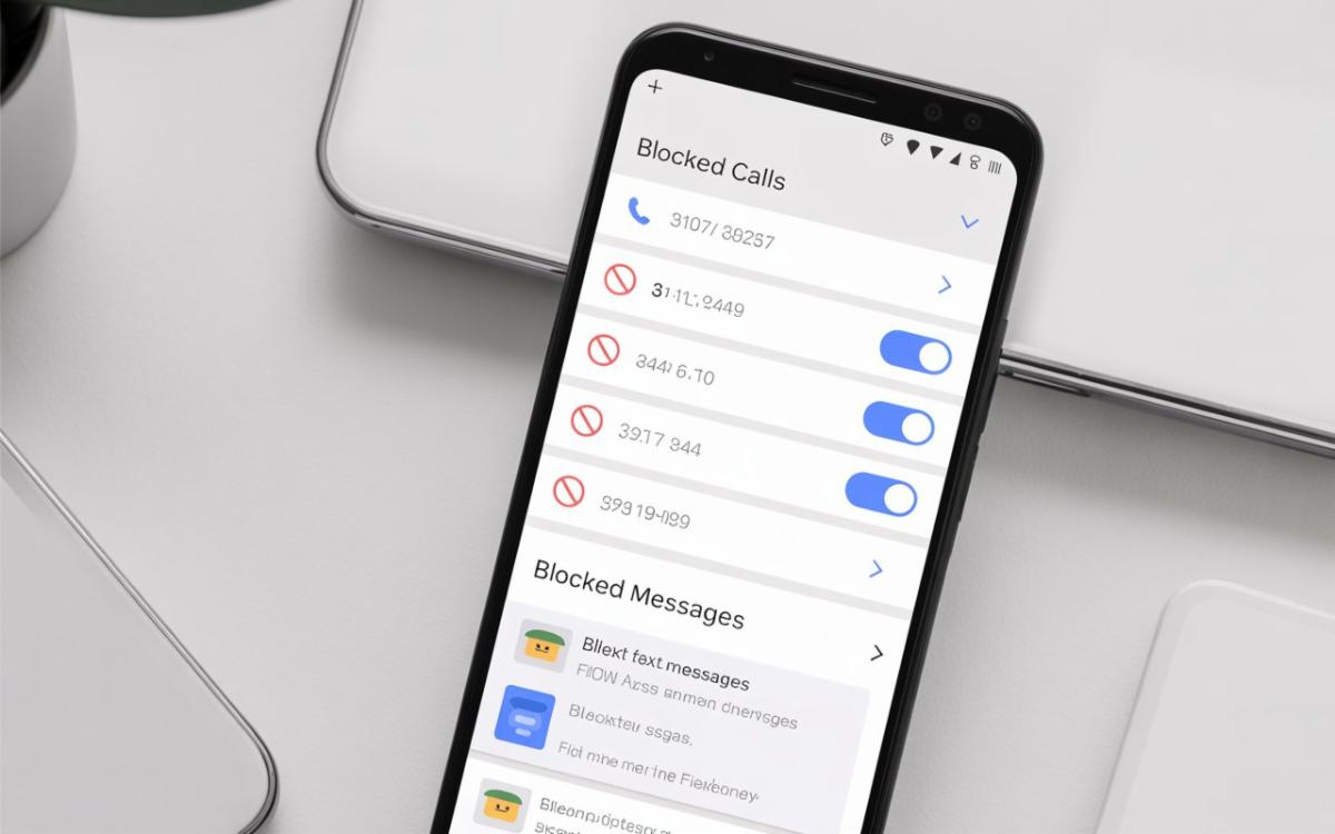 Android phone displaying the "Blocked Calls" and "Blocked Messages" settings screen with several phone numbers listed as blocked and toggles turned on.