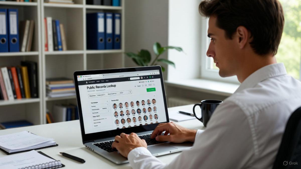 Person using laptop to check public records and identify a person online
