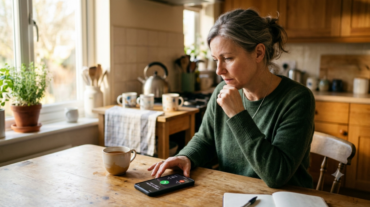 A middle-aged woman with salt-and-pepper hair sitting thoughtfully at a rustic wooden kitchen table, looking down at a smartphone lying flat on the table with an incoming call displayed on its screen. She rests her chin on one hand while her other hand touches the table near the phone. Next to the phone sits a mug of tea and an open notebook with a pen. The background features a cozy, warmly lit kitchen with plants on a sunny windowsill and soft, natural light streaming in.