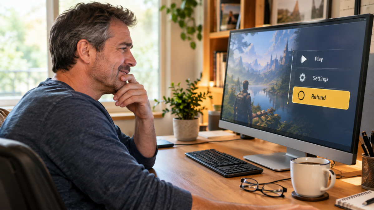 Middle-aged man in a cozy home office looking at a computer screen with a game menu and refund option, with a coffee mug and glasses on the desk.