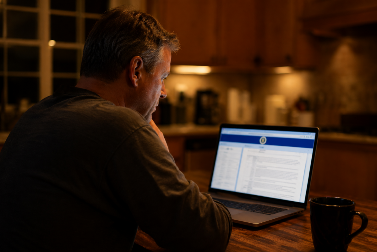 Middle-aged man sits at a kitchen table at night, intently looking at a laptop displaying a government-style webpage with court documents. Warm, soft lighting casts a slightly dramatic glow, with a shallow depth of field blurring the background and focusing on his concentrated expression.