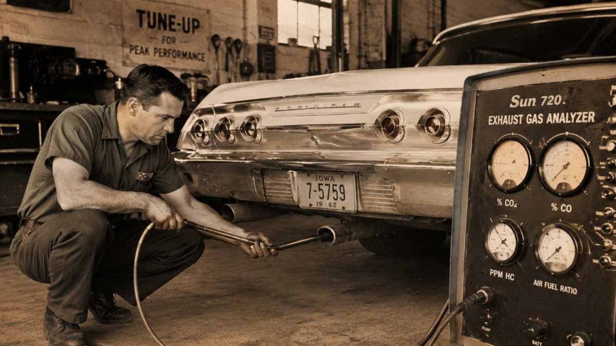1960s auto mechanic inserting a probe into a classic car’s tailpipe while using a vintage exhaust gas analyzer in a sepia-toned garage.
