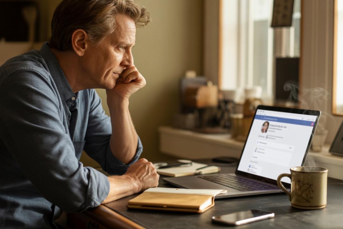 Man in his 40s sitting at desk searching Facebook profile for email contact information on laptop screen