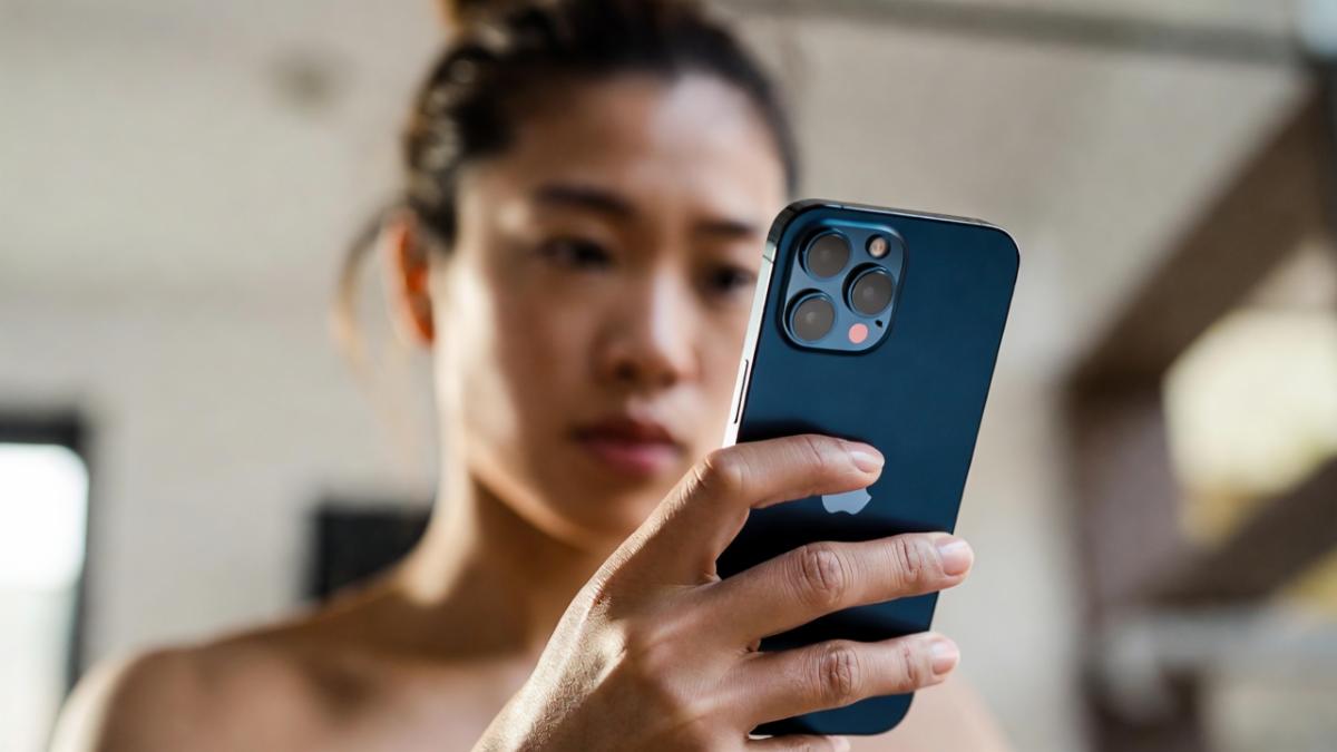 A young woman with her hair in a high bun takes a mirror selfie with a blue iPhone 14 Pro (showing the triple camera array and Apple logo), holding the phone at chest height; she is indoors in a room with natural light coming from the side, bare shoulders visible suggesting a casual or post-shower setting.