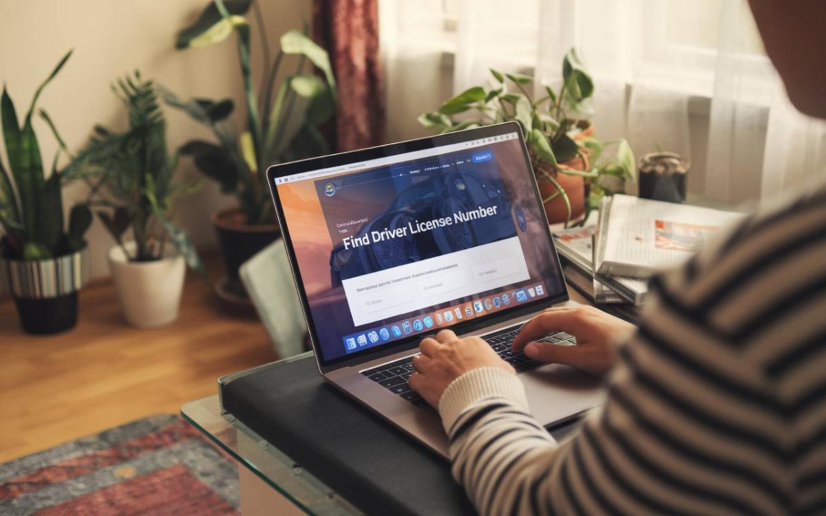 Person on couch searching driver license number lookup website from home computer