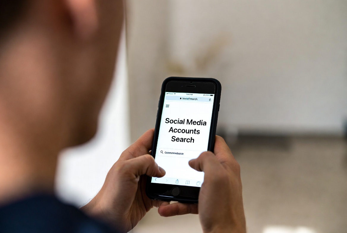 Close-up of a person holding a black smartphone with both hands, viewed from over the shoulder. The phone screen shows a website titled 'Social Media Accounts Search' with a search bar. The background is softly blurred, focusing attention on the device.