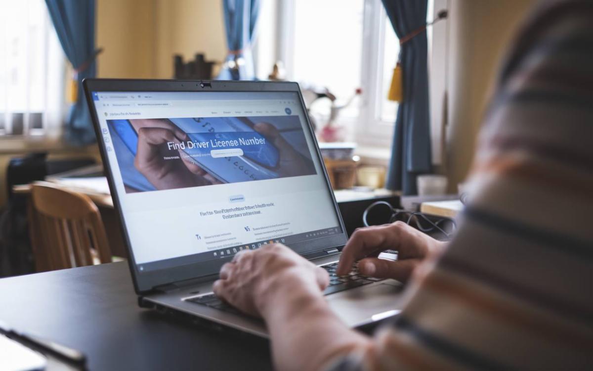 Man at desk using laptop to search SSN driver license finder website on computer screen