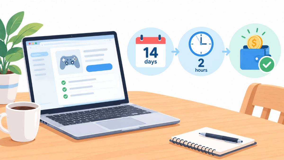 Flat-style illustration of a laptop beside a three-step refund checklist showing 14 days, 2 hours, and a checked wallet with a returned coin.