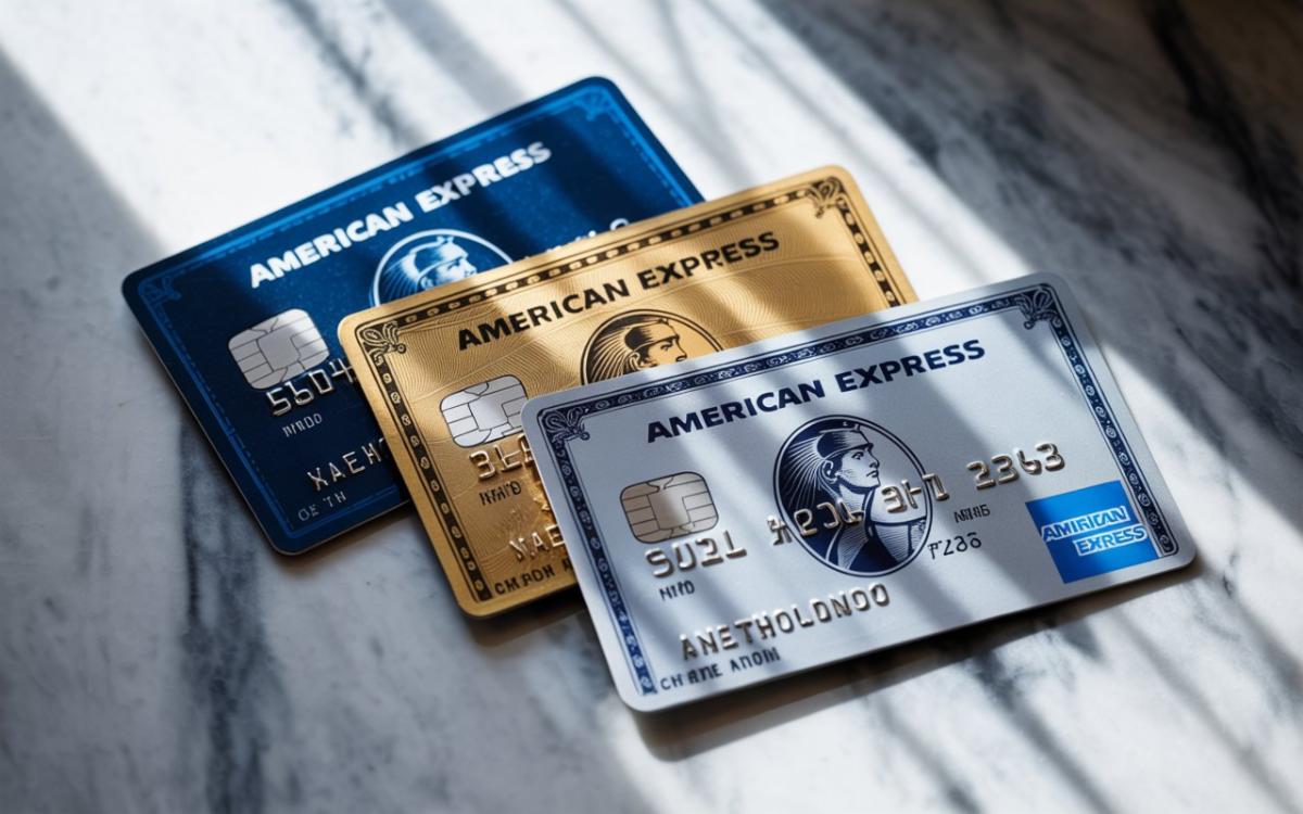 Multiple American Express cards (gold, platinum, and black) laid out on a table, clearly displaying the front face – highlighting that unlike Visa/Mastercard, the Amex 4-digit security code is printed on the front right side, not the back.