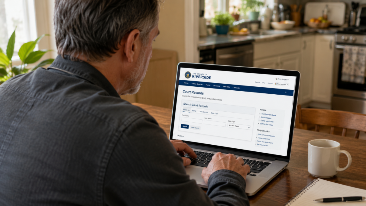 A middle-aged person sits at a kitchen table using a laptop to browse a government court records website. Warm natural light fills the cozy kitchen, with a coffee mug and notebook nearby, creating a relaxed and realistic home atmosphere.