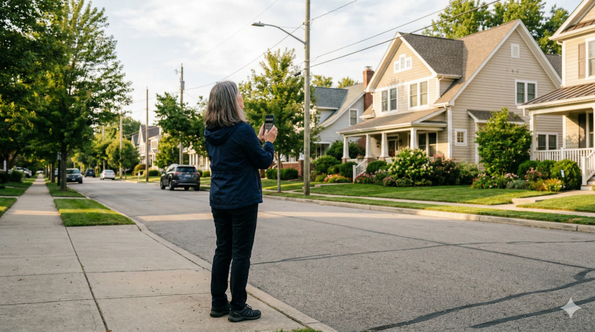 A woman with shoulder-length grey hair stands on a residential sidewalk, seen from behind, wearing a navy blue jacket and black pants. She is holding a smartphone in both hands, looking at it. The quiet suburban street is lined with mature green trees. Across the asphalt road is a well-maintained two-story American Craftsman-style house with light-colored siding, a front porch, and a manicured lawn with blooming shrubs. Other houses and a few parked cars are visible further down the street under a warm, sunlit late-afternoon sky.