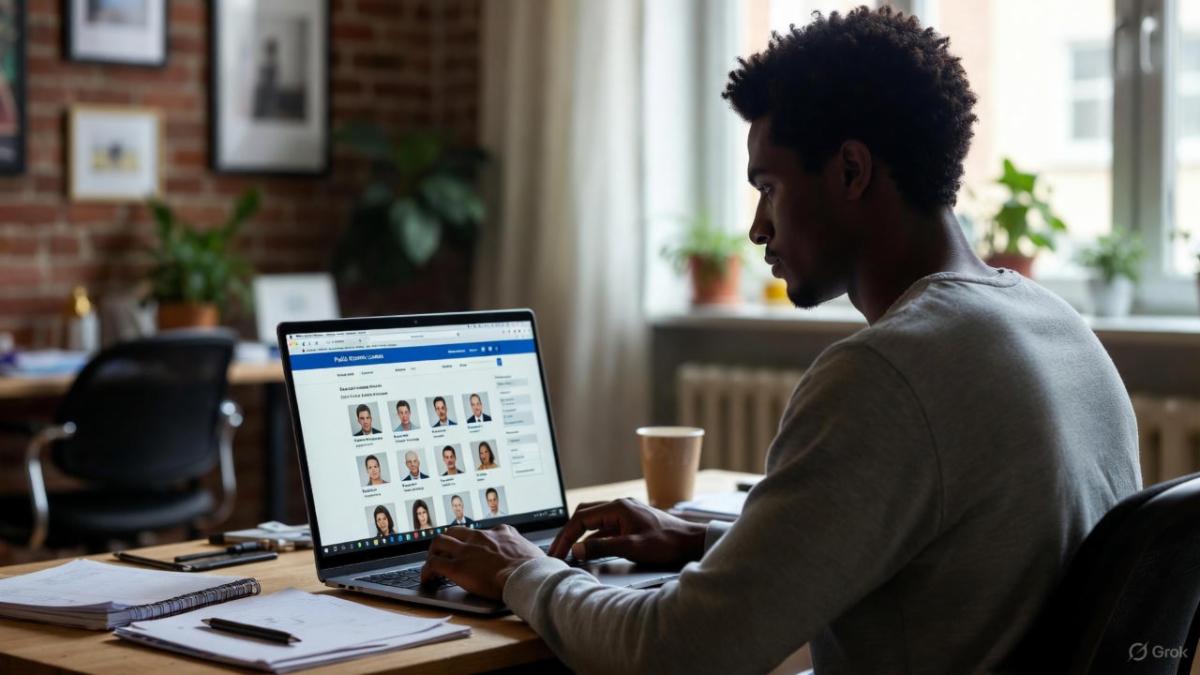 Person researching free public data and records on laptop computer