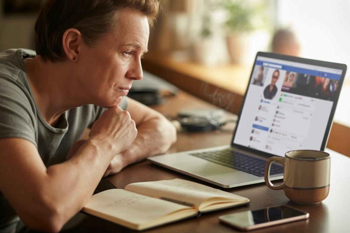 Middle-aged person at laptop searching for email contact information on Facebook profile page in home office setting