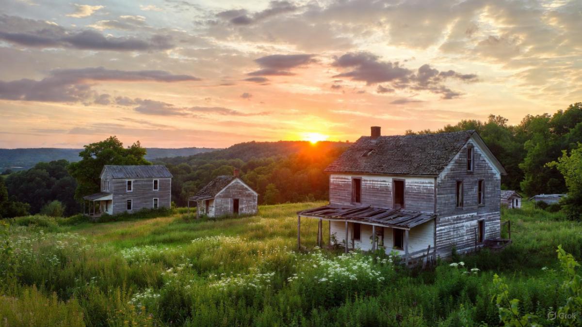 Dramatic sunset behind rolling Kentucky hills frames a cluster of decaying abandoned farmhouses surrounded by wildflowers and dense forest, bathed in rich orange light.