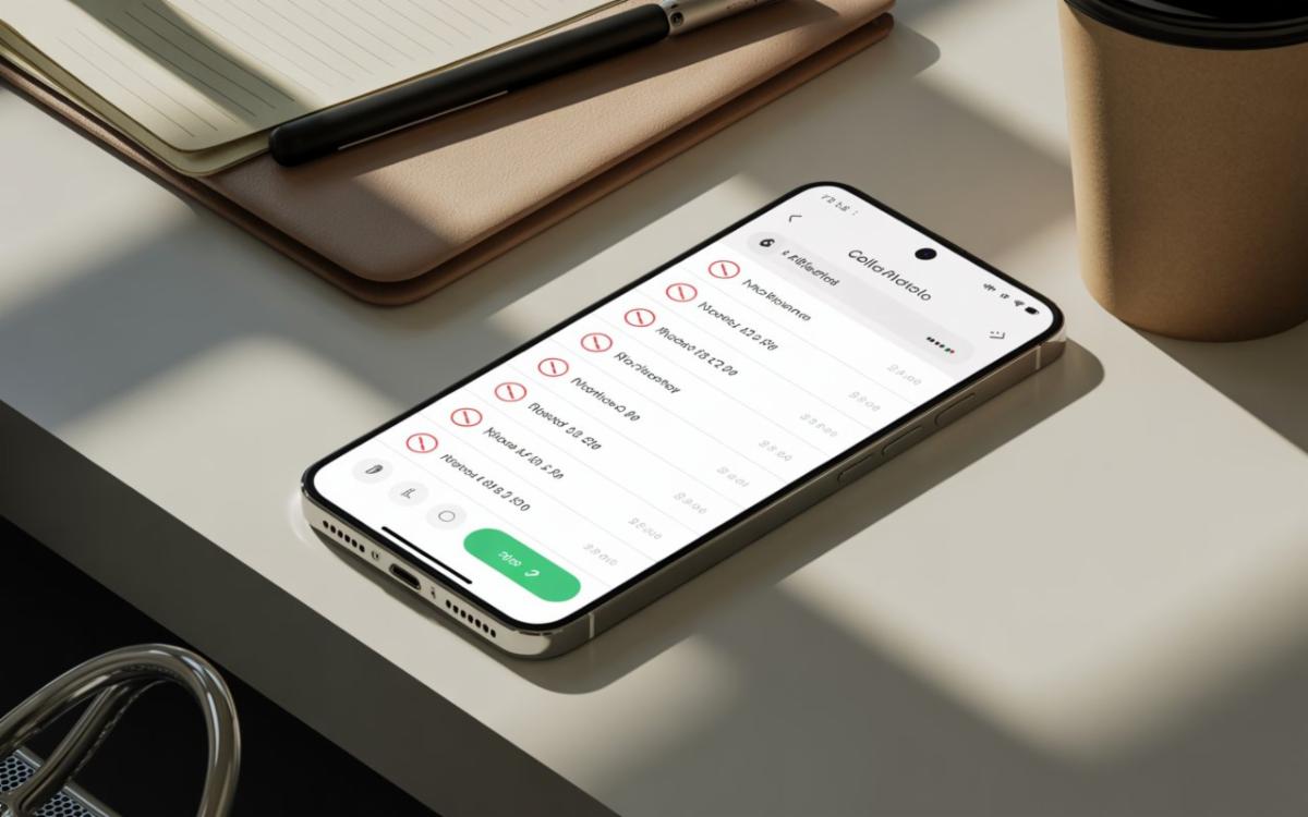 Smartphone on a desk showing a call log filled with blocked or rejected calls, each marked with a red "no entry" icon
