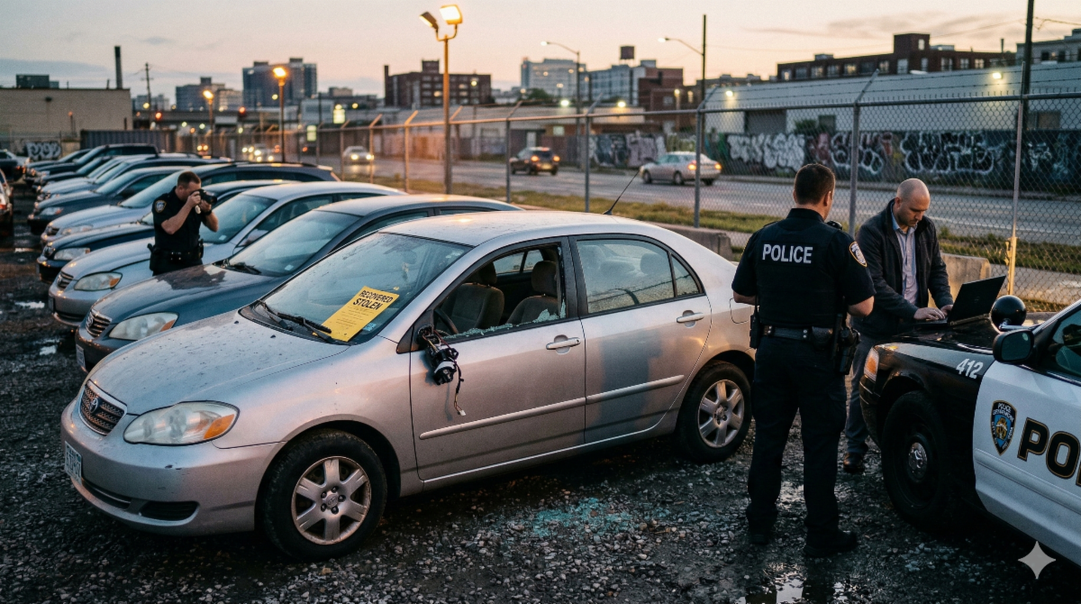 A wide-angle, 16:9 cinematic shot of a police investigation in an urban impound lot at dusk. In the foreground, a silver sedan has a shattered driver-side window and wires hanging from the steering column, indicating a theft. A police officer in a dark uniform stands nearby, while a forensic investigator in plain clothes works on a laptop perched on the hood of a patrol car. In the background, another officer takes photographs of a row of recovered vehicles against a city skyline.