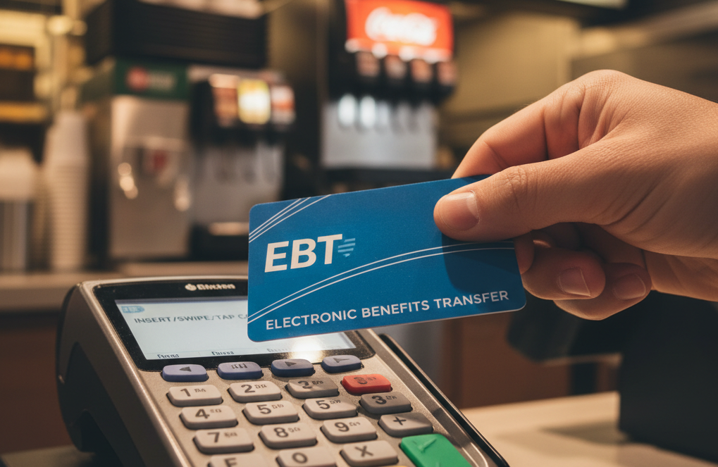 Person holding EBT card at fast food restaurant payment terminal with cashier processing transaction