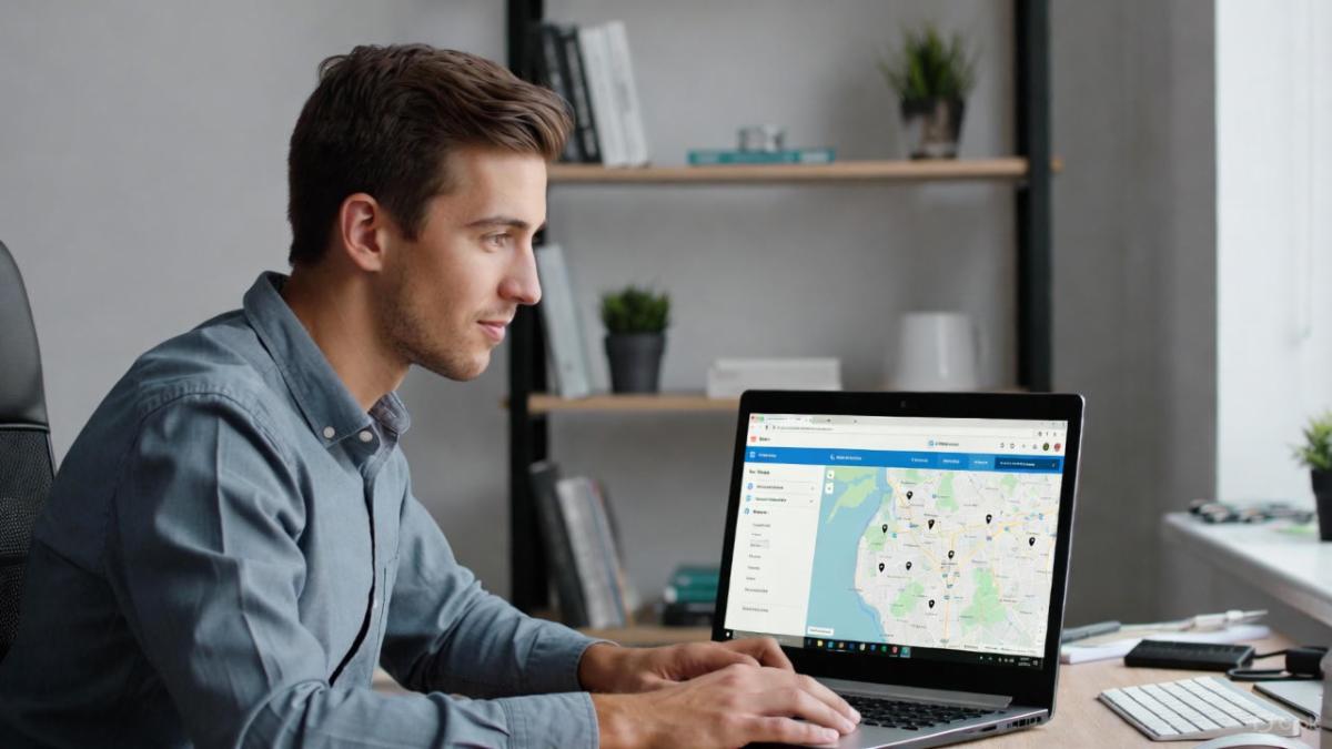 Man in office looking at laptop screen displaying an interactive map with multiple location pins and a highlighted yellow pinpointer for phone number tracking