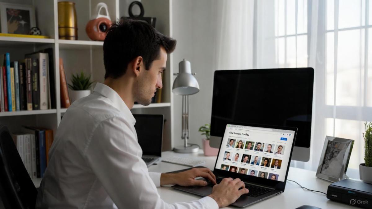 Side view of a man in a modern office with exposed brick walls, typing on a laptop that clearly shows the website “Find Someone For Free.” The open webpage features multiple rows of people’s profile pictures and names in a search results layout. Aspect ratio 16:9.