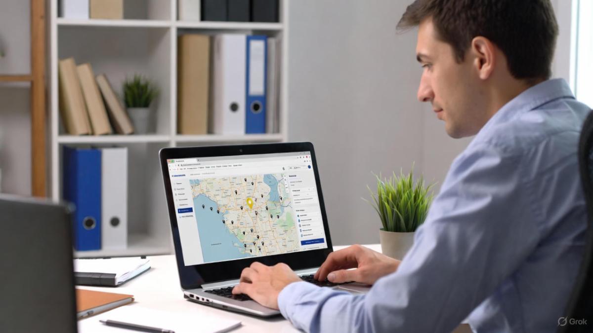 Young professional at office desk using laptop to view a detailed street map with location markers and a red pin showing real-time phone number location