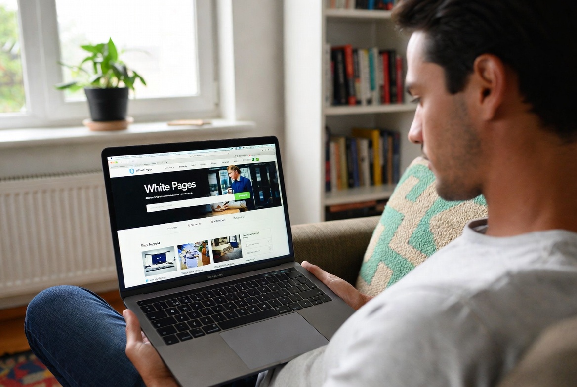A young man with dark hair, wearing a white t-shirt and jeans, sitting on a couch in a bright living room. He is holding a silver laptop on his lap, viewing the White Pages website on the screen. The background shows a sunny window with a potted plant and a tall bookshelf filled with books.