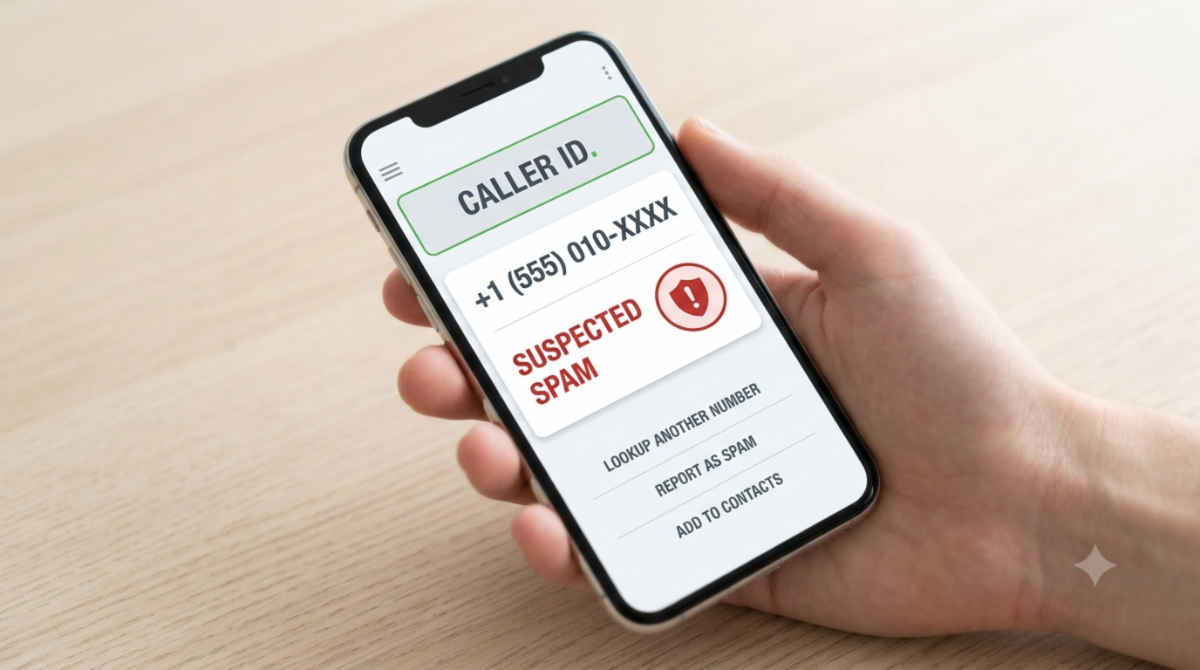 A close-up shot of a hand holding a smartphone above a light wooden surface. The screen displays a phone number lookup app with a clean UI showing an incoming caller ID "+1 (555) 010-XXXX" marked with a red warning badge labeled "SUSPECTED SPAM." Action options like "Lookup Another Number," "Report as Spam," and "Add to Contacts" are visible below the warning.