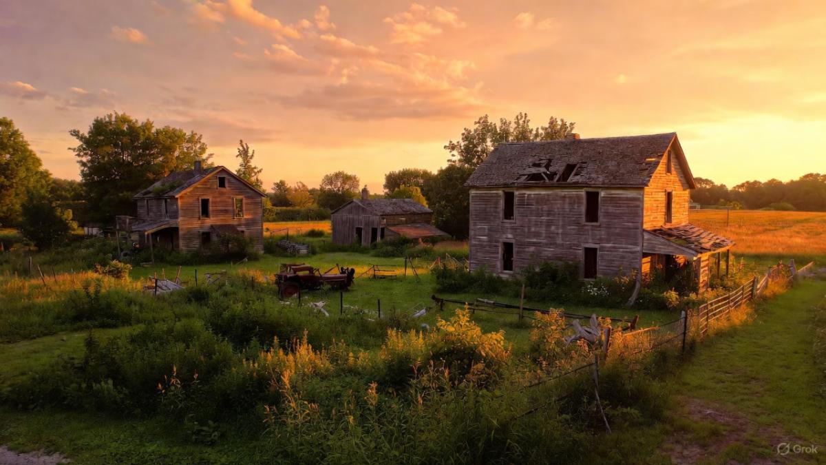 Golden sunset illuminates an abandoned Kentucky farmhouse and barn, weathered wood glowing warmly amid overgrown fields and a rusted vintage tractor, evoking quiet rural nostalgia