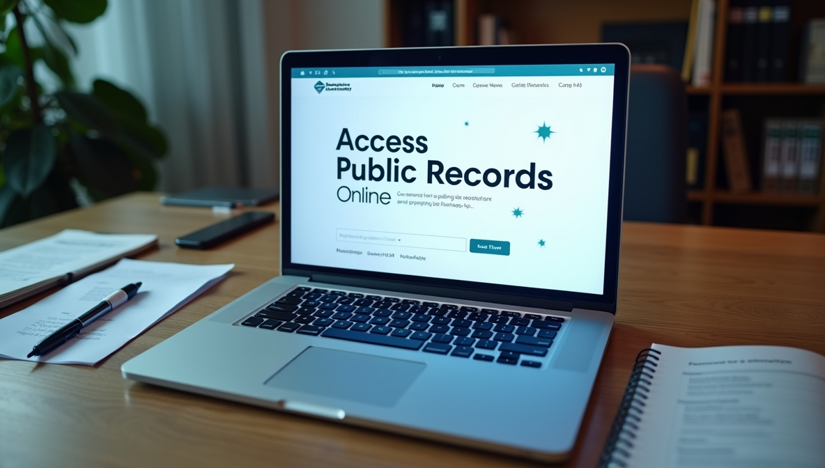Modern laptop open to Public Records Online portal on home office desk with coffee mug, highlighting accessible police records.